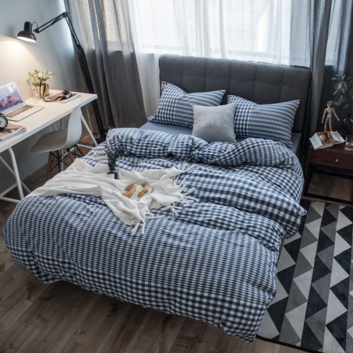 91家纺网 家纺一手货源 找家纺 玖玖爱 水洗棉四件套床单款 错落格深蓝