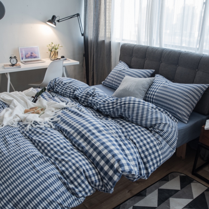 91家纺网 家纺一手货源 找家纺 玖玖爱 水洗棉四件套床单款 错落格深蓝