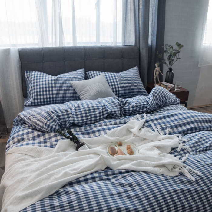 91家纺网 家纺一手货源 找家纺 玖玖爱 水洗棉四件套床单款 错落格深蓝
