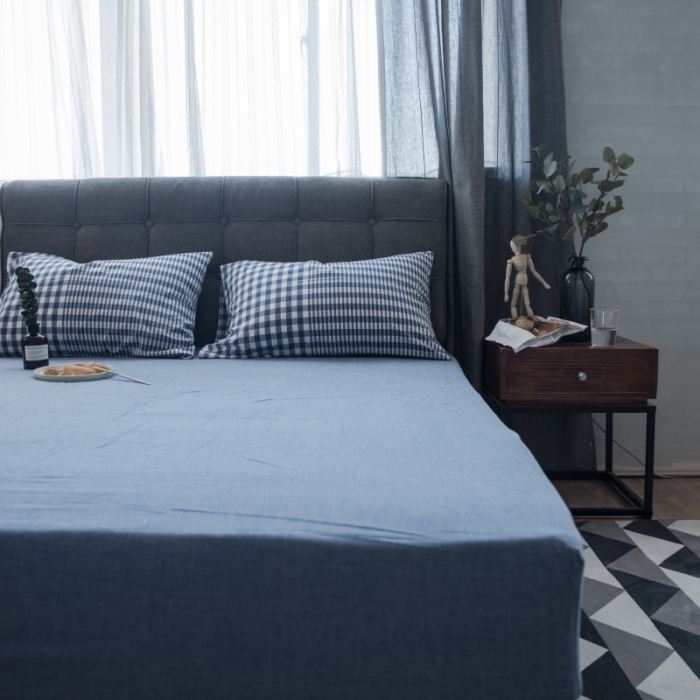 91家纺网 家纺一手货源 找家纺 玖玖爱 水洗棉四件套床单款 错落格深蓝