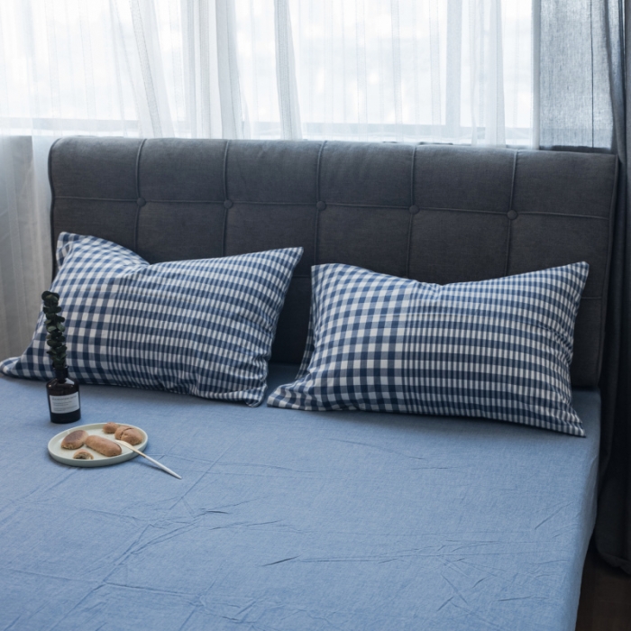 91家纺网 家纺一手货源 找家纺 玖玖爱 水洗棉四件套床单款 错落格深蓝