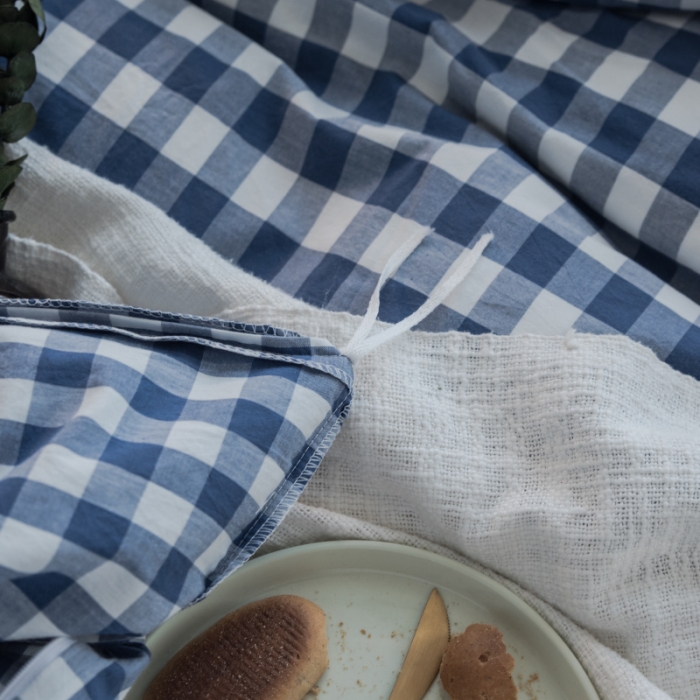 91家纺网 家纺一手货源 找家纺 玖玖爱 水洗棉四件套床单款 错落格深蓝