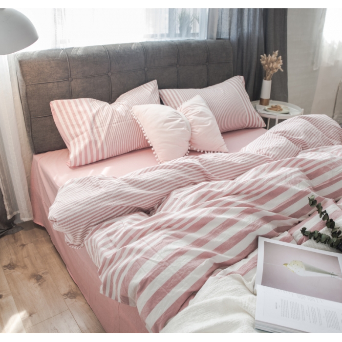 91家纺网 家纺一手货源 找家纺 玖玖爱 水洗棉四件套床单款 错落条粉