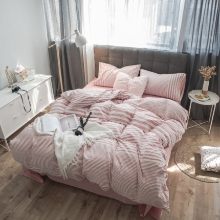 玖玖爱 水洗棉四件套床单款 错落条粉