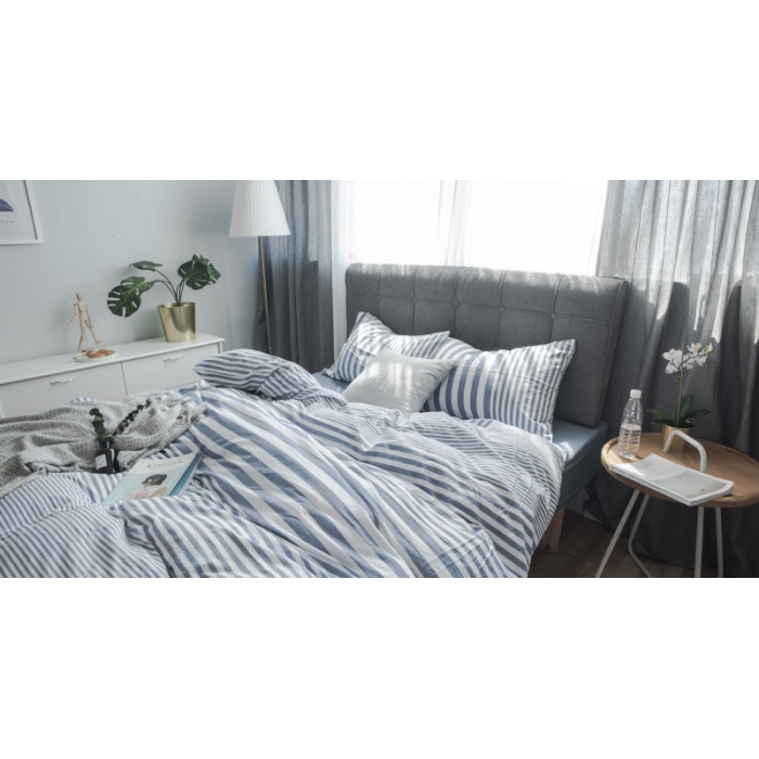 91家纺网 家纺一手货源 找家纺 玖玖爱 水洗棉四件套床单款 错落条深蓝