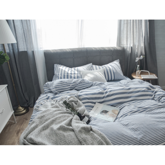 91家纺网 家纺一手货源 找家纺 玖玖爱 水洗棉四件套床单款 错落条深蓝