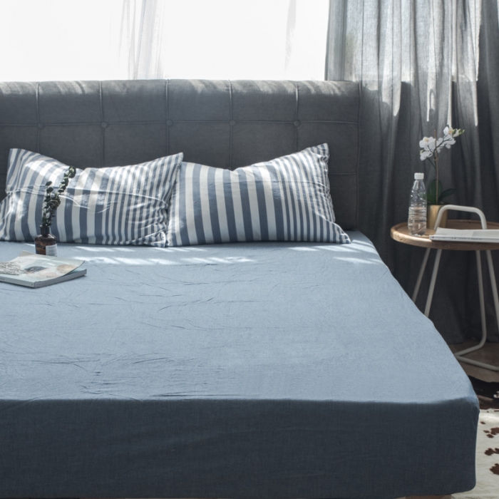 91家纺网 家纺一手货源 找家纺 玖玖爱 水洗棉四件套床单款 错落条深蓝