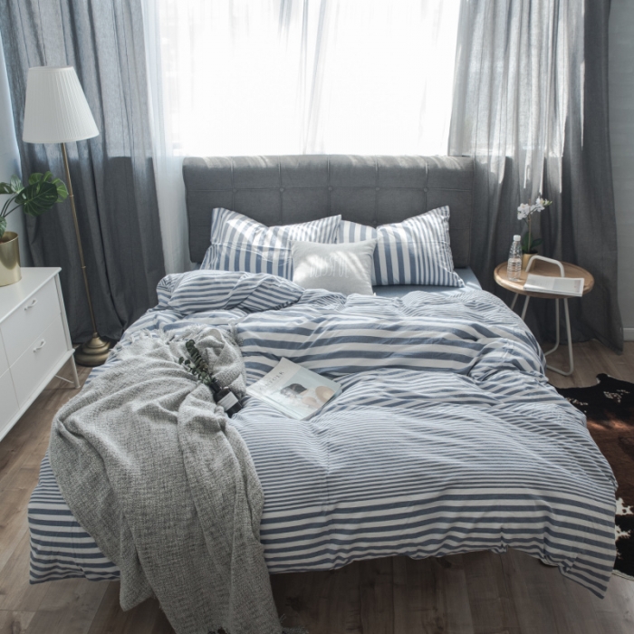 91家纺网 家纺一手货源 找家纺 玖玖爱 水洗棉四件套床单款 错落条深蓝