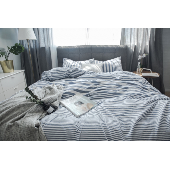 91家纺网 家纺一手货源 找家纺 玖玖爱 水洗棉四件套床单款 错落条深蓝