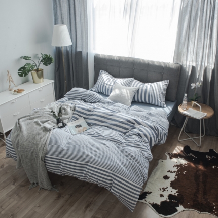 玖玖爱 水洗棉四件套床单款 错落条深蓝