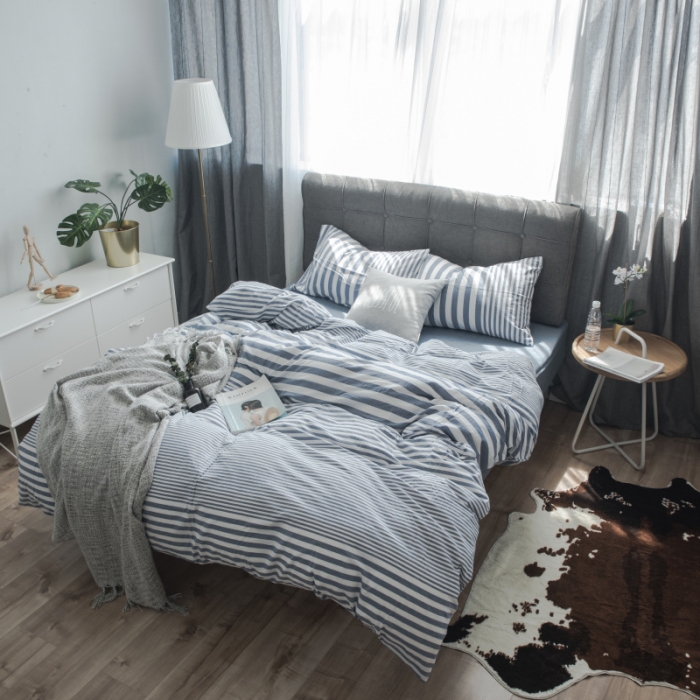 91家纺网 家纺一手货源 找家纺 玖玖爱 水洗棉四件套床单款 错落条深蓝