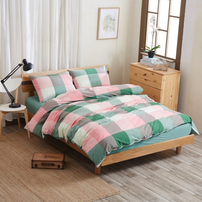 91家纺网 家纺一手货源 找家纺 玖玖爱 水洗棉四件套床单款 粉绿大格