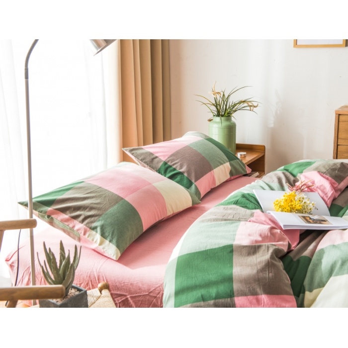 91家纺网 家纺一手货源 找家纺 玖玖爱 水洗棉四件套床单款 粉绿大格