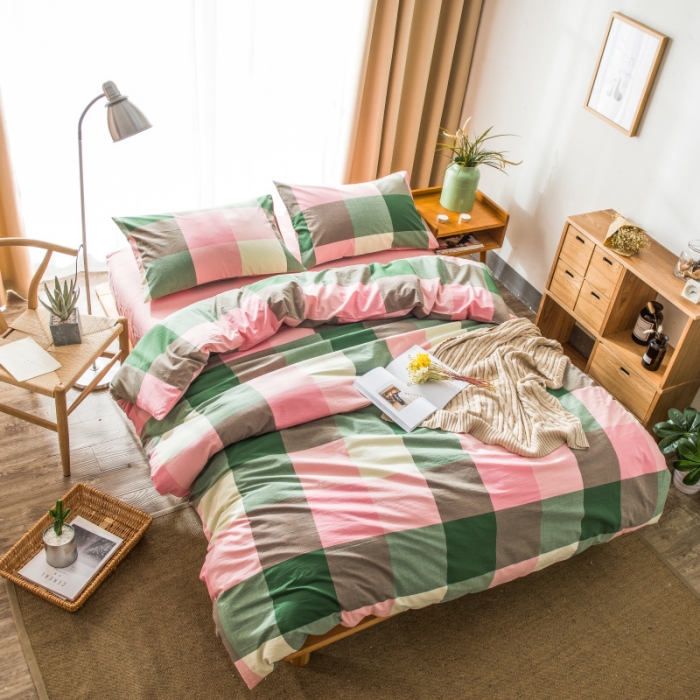 91家纺网 家纺一手货源 找家纺 玖玖爱 水洗棉四件套床单款 粉绿大格