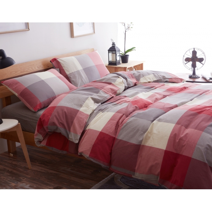 91家纺网 家纺一手货源 找家纺 玖玖爱 水洗棉四件套床单款  红灰大格