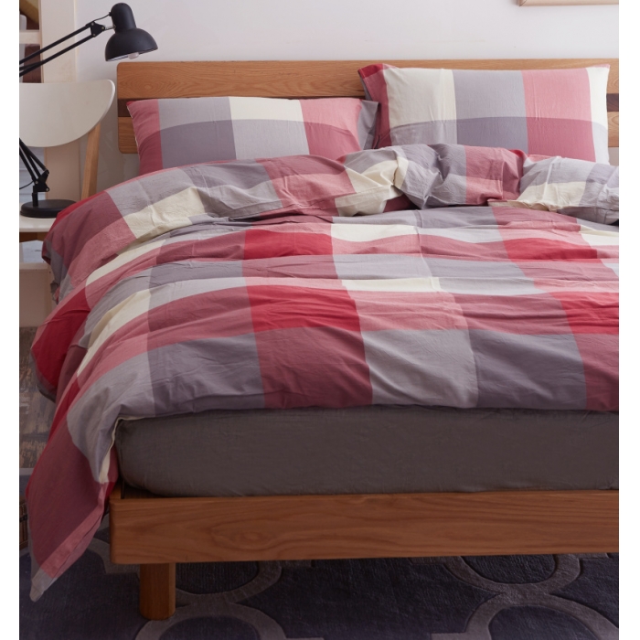 91家纺网 家纺一手货源 找家纺 玖玖爱 水洗棉四件套床单款  红灰大格