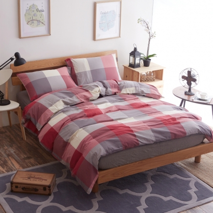 玖玖爱 水洗棉四件套床单款  红灰大格