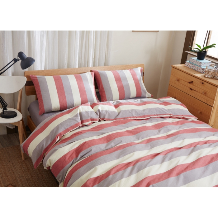 91家纺网 家纺一手货源 找家纺 玖玖爱 水洗棉四件套床单款 红灰条纹