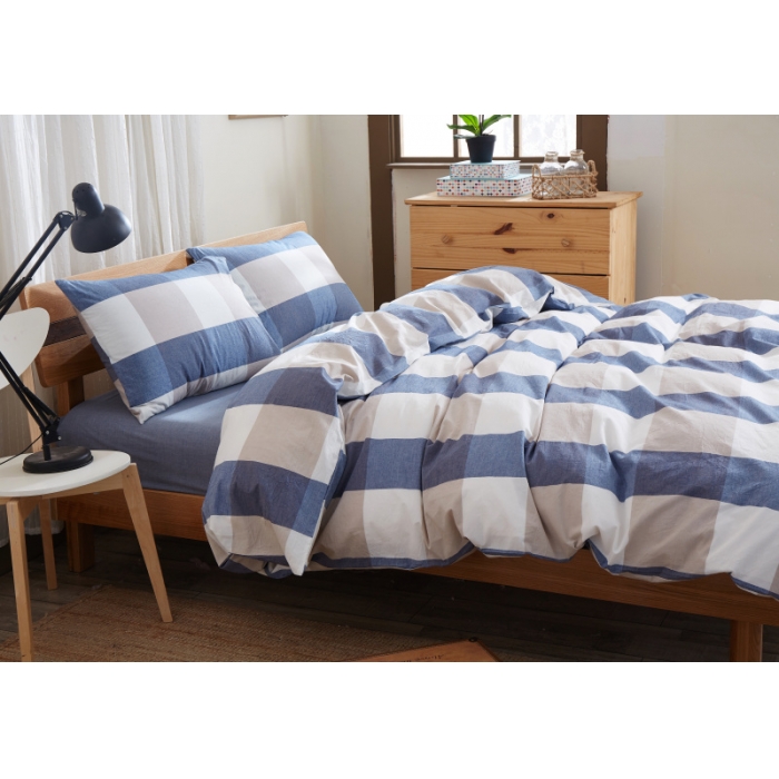 91家纺网 家纺一手货源 找家纺 玖玖爱 水洗棉四件套床单款  蓝灰大格