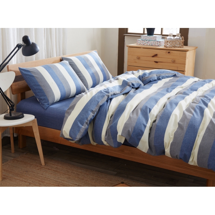 91家纺网 家纺一手货源 找家纺 玖玖爱 水洗棉四件套床单款  蓝灰条纹