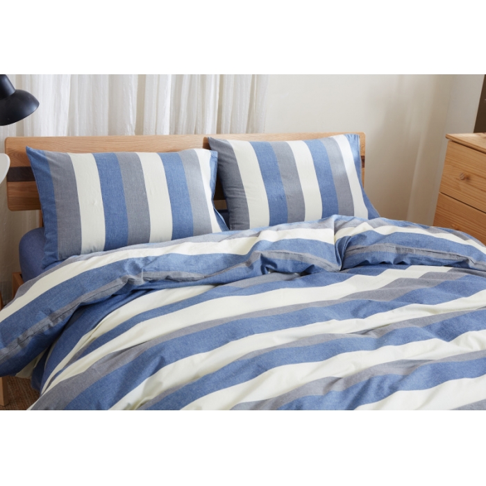 91家纺网 家纺一手货源 找家纺 玖玖爱 水洗棉四件套床单款  蓝灰条纹