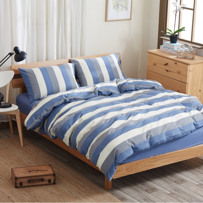 91家纺网 家纺一手货源 找家纺 玖玖爱 水洗棉四件套床单款  蓝灰条纹