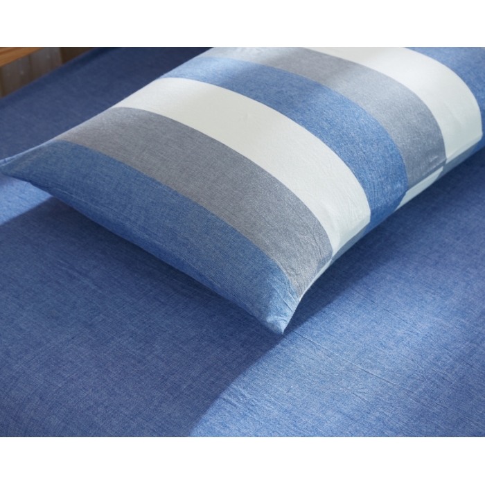 91家纺网 家纺一手货源 找家纺 玖玖爱 水洗棉四件套床单款  蓝灰条纹