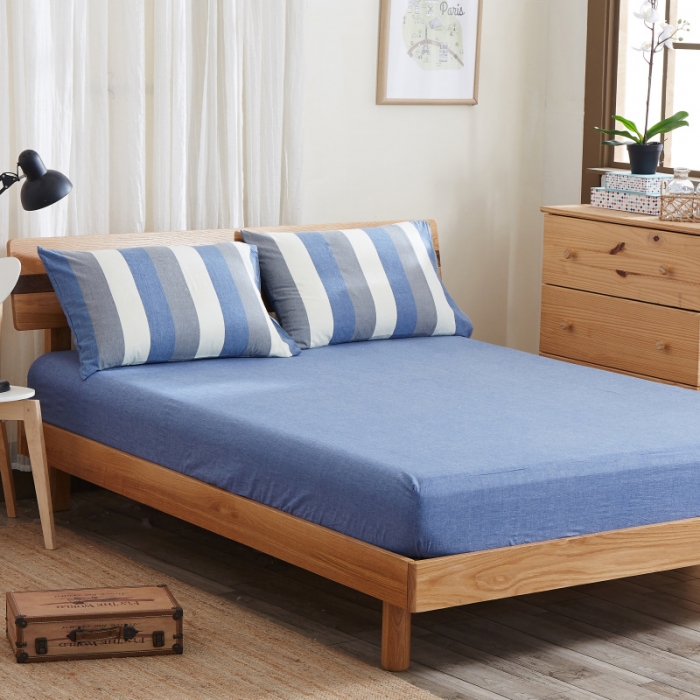 91家纺网 家纺一手货源 找家纺 玖玖爱 水洗棉四件套床单款  蓝灰条纹