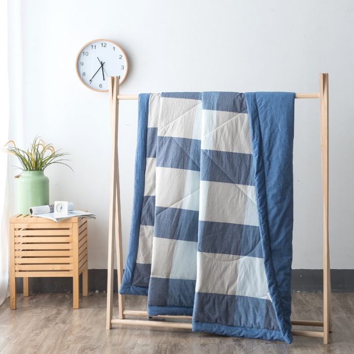 91家纺网 家纺一手货源 找家纺  玖玖爱 水洗棉夏被 蓝大格