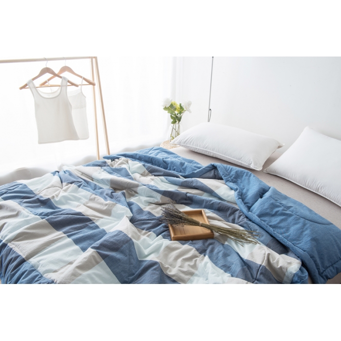 91家纺网 家纺一手货源 找家纺  玖玖爱 水洗棉夏被 蓝大格