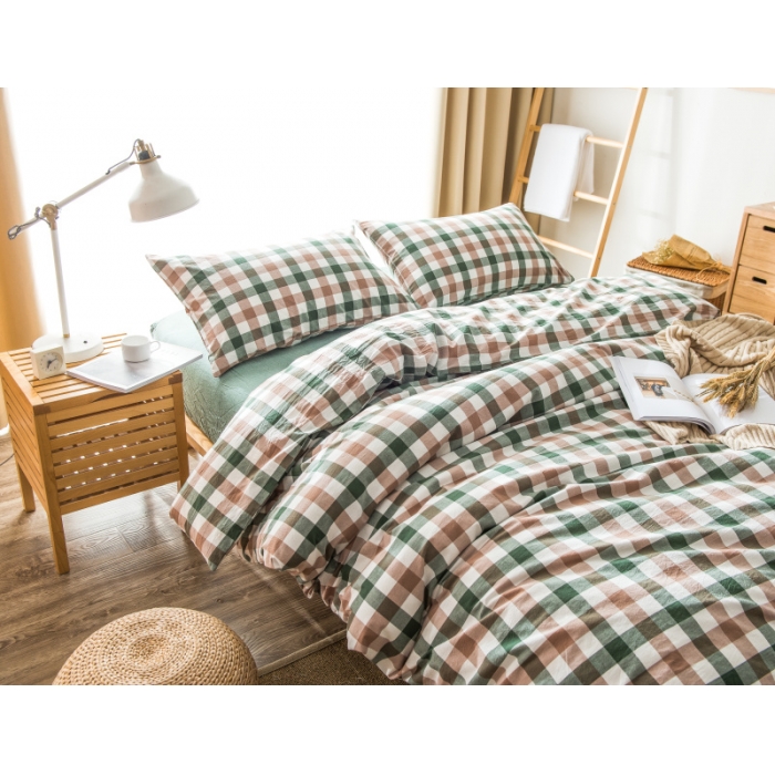 91家纺网 家纺一手货源 找家纺 玖玖爱 水洗棉四件套床单款 七分格绿