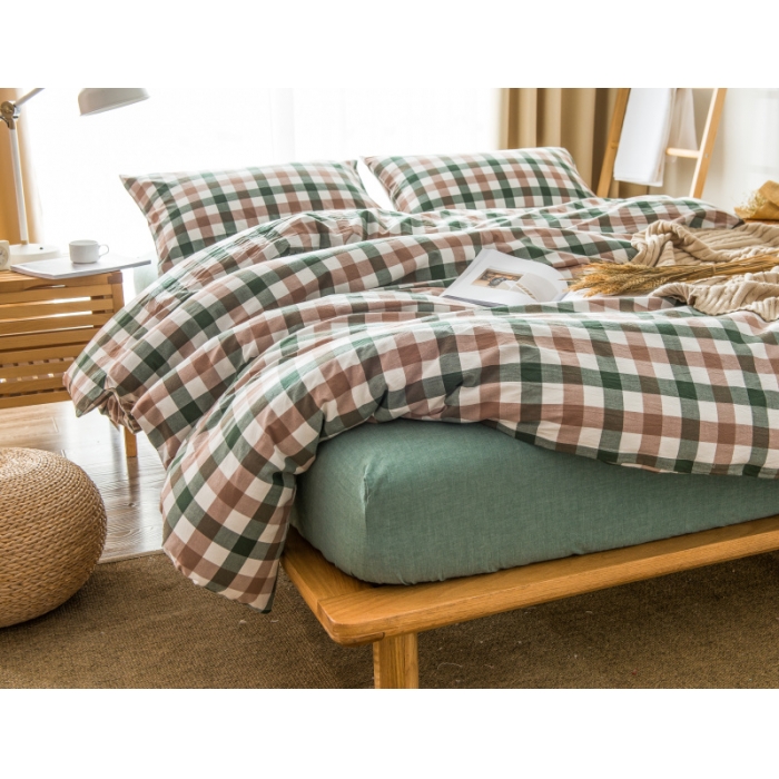 91家纺网 家纺一手货源 找家纺 玖玖爱 水洗棉四件套床单款 七分格绿