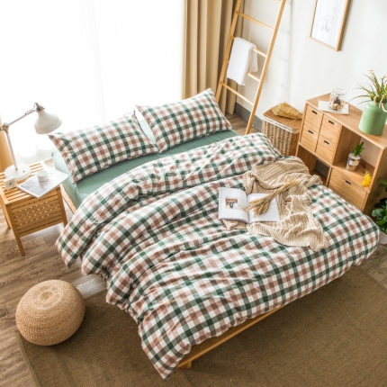 玖玖爱 水洗棉四件套床单款 七分格绿