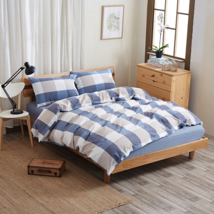 91家纺网 家纺一手货源 找家纺 玖玖爱 水洗棉四件套床单款  蓝灰大格