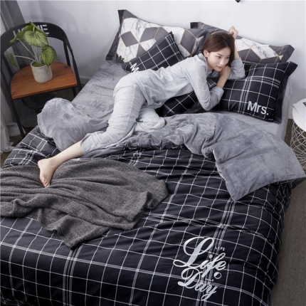 91家纺网 家纺一手货源 找家纺 玖玖爱 2018新款棉加绒绣花四件套 趣格墨色