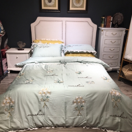 91家纺网 家纺一手货源 找家纺 玖玖爱2020新款80支长绒棉工艺绣花系列四件套花诺-薄荷绿