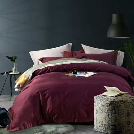 91家纺网 家纺一手货源 找家纺 玖玖爱 2019新款100支长绒棉纯色四件套 酱紫色