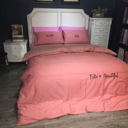 91家纺网 家纺一手货源 找家纺 玖玖爱 2019新款纯色绣花条格两用四件套 简约记忆-红豆沙