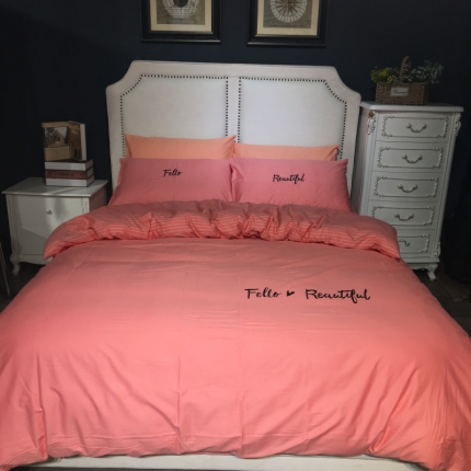 91家纺网 家纺一手货源 找家纺 玖玖爱 2019新款纯色绣花条格两用四件套 简约记忆-玉色