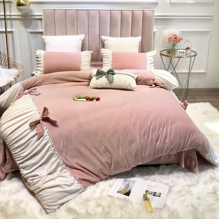 91家纺网 家纺一手货源 找家纺 星野 2019新款宝宝绒韩版小公主四件套 贝儿-豆沙绒