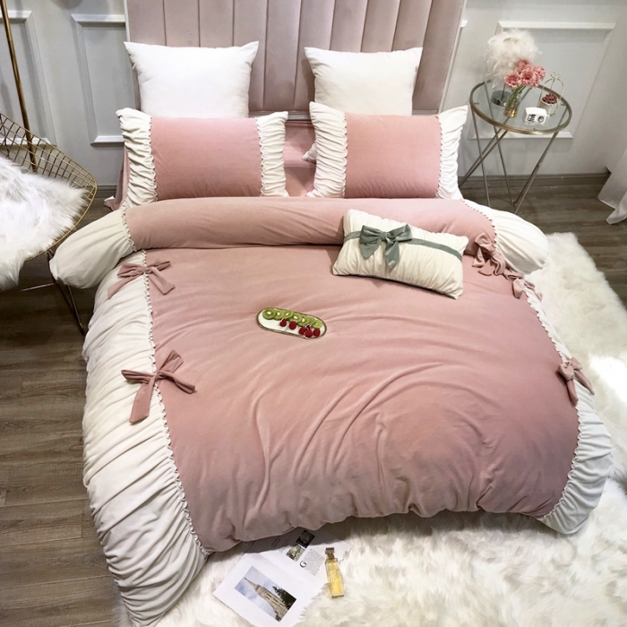 91家纺网 家纺一手货源 找家纺 星野 2019新款宝宝绒韩版小公主四件套 贝儿-豆沙绒