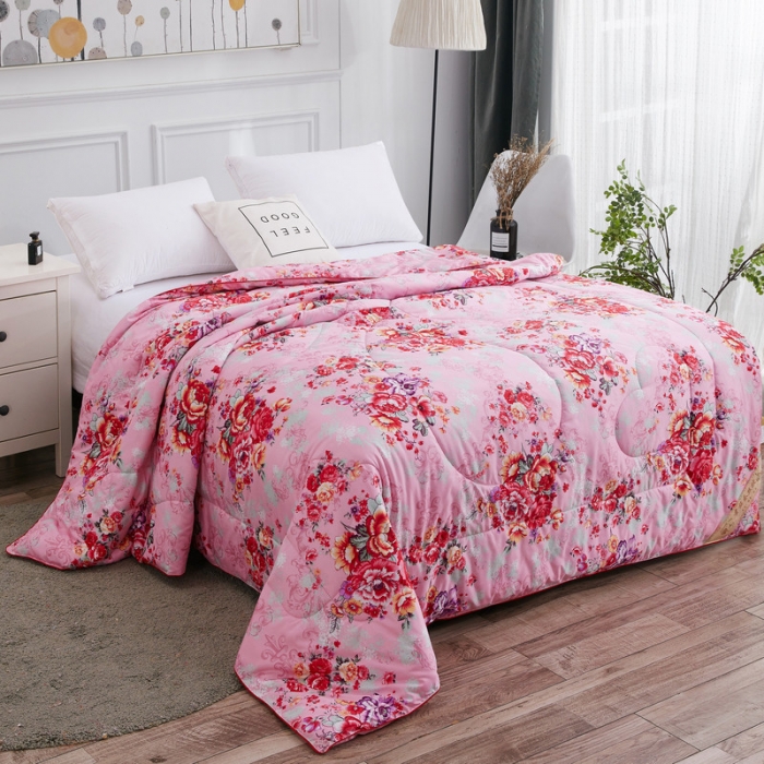 91家纺网 家纺一手货源 找家纺 鑫发家纺 2021新款丝绸印花被 国色天香粉