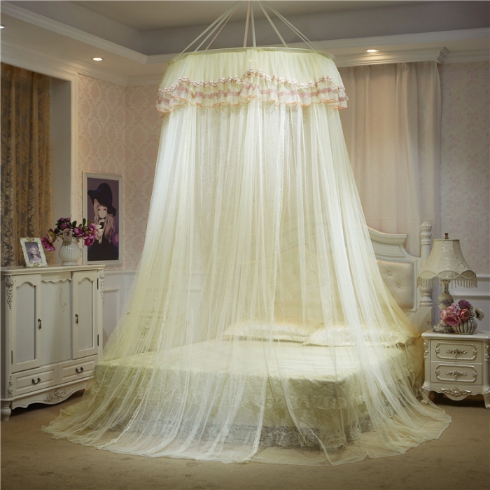 91家纺网 家纺一手货源 找家纺 冉美家纺 2021新款圆顶蚊帐栀子花米黄色