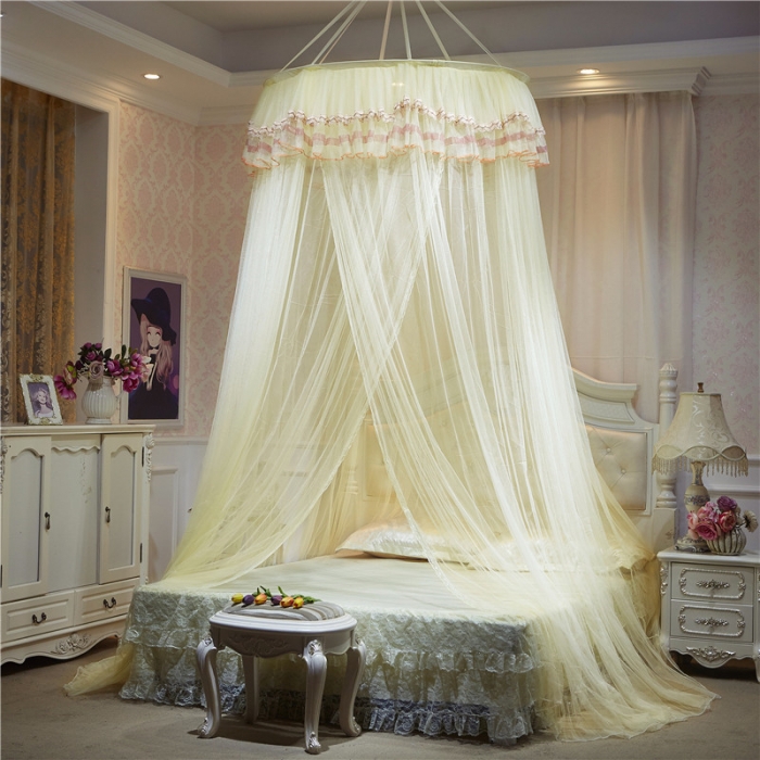 91家纺网 家纺一手货源 找家纺 冉美家纺 2021新款圆顶蚊帐栀子花米黄色