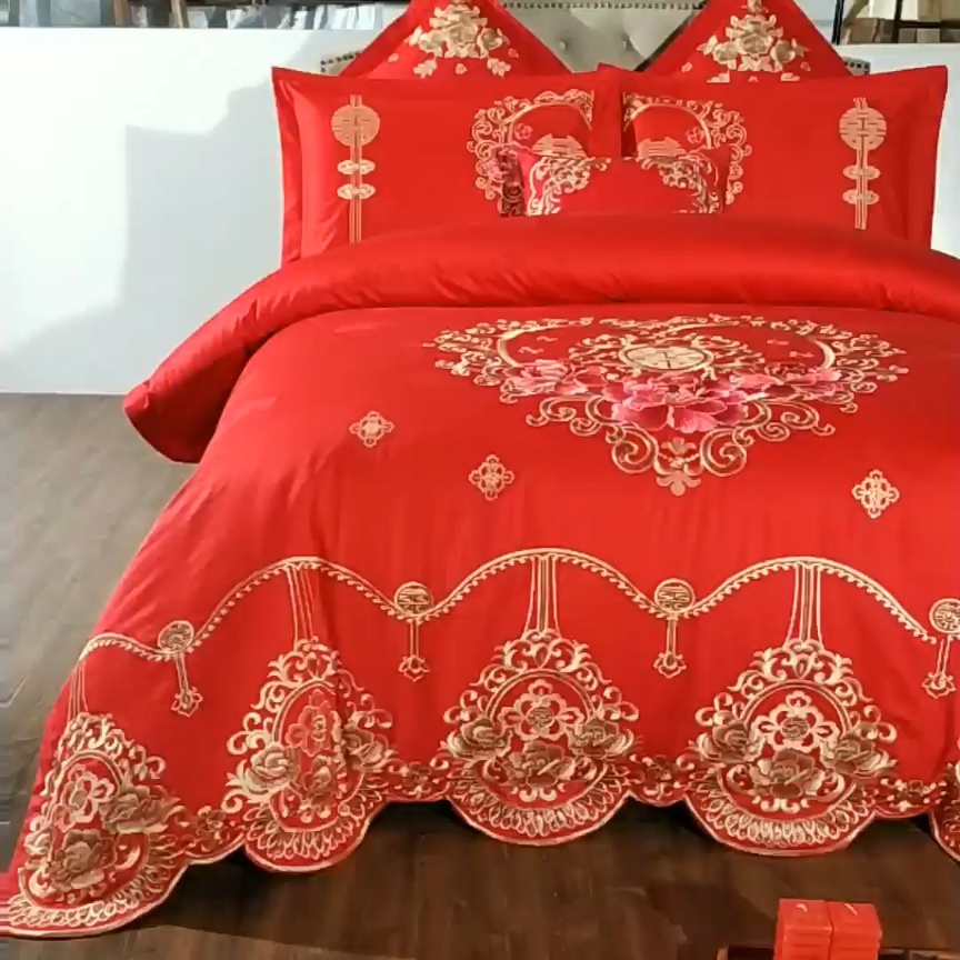 91家纺网 家纺一手货源 找家纺 千禧婚庆专供 长绒棉贡缎提花绣花婚庆套件 千禧姻缘