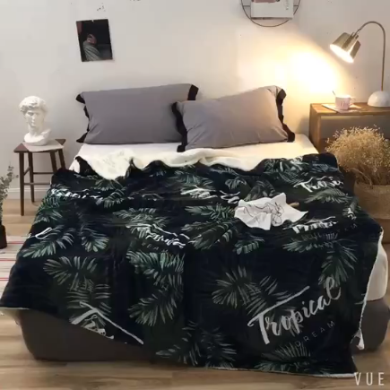 91家纺网 家纺一手货源 找家纺 昔可家纺 2018新品羊羔绒毛毯 热带植物