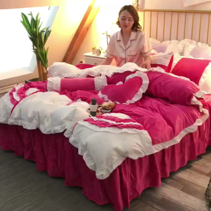 91家纺网 家纺一手货源 找家纺 淑女公社 秋冬新款水晶绒微微公主系列床裙四件套微微公主-玫红