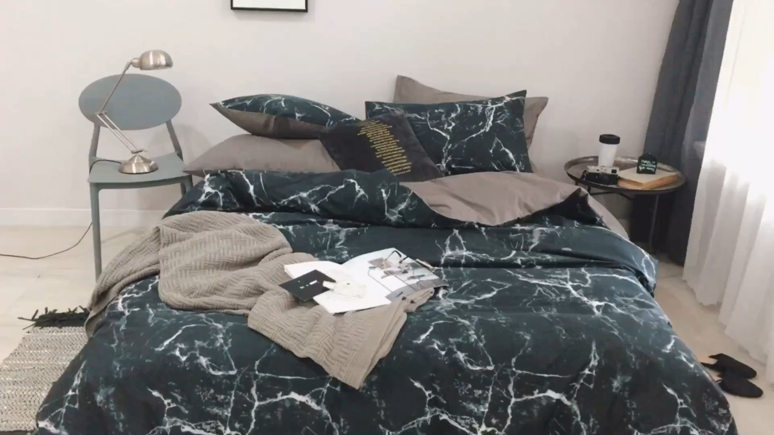 91家纺网 家纺一手货源 找家纺 艾沁家纺 2018新款北欧简约纯棉四件套石纹-黑