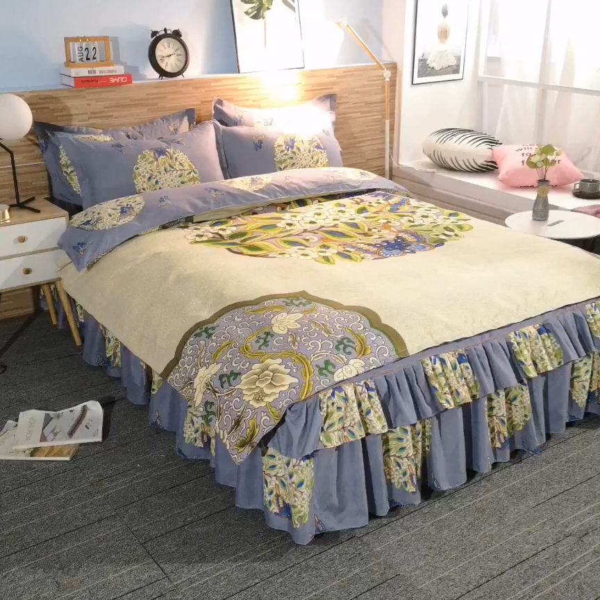 91家纺网 家纺一手货源 找家纺 梦柏 2018新款加厚磨毛四件套花间意（灰）