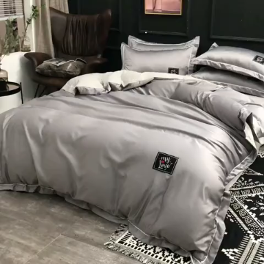 91家纺网 家纺一手货源 找家纺 绒世界 2019新款水洗真丝贴布绣四件套 床单款 烟灰